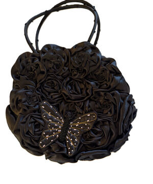 Dolce Vita Black Rosette Satin Purse Beaded Butterfly Applique Floral Y2K Fairy